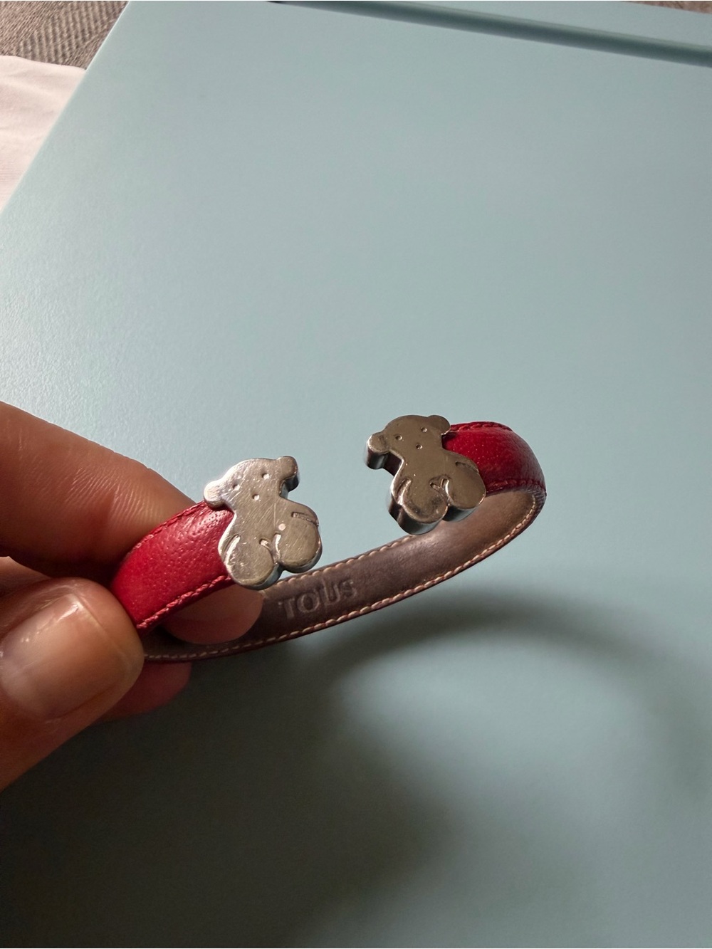 TOUS Red Leather Cuff with Silver Bear Accents